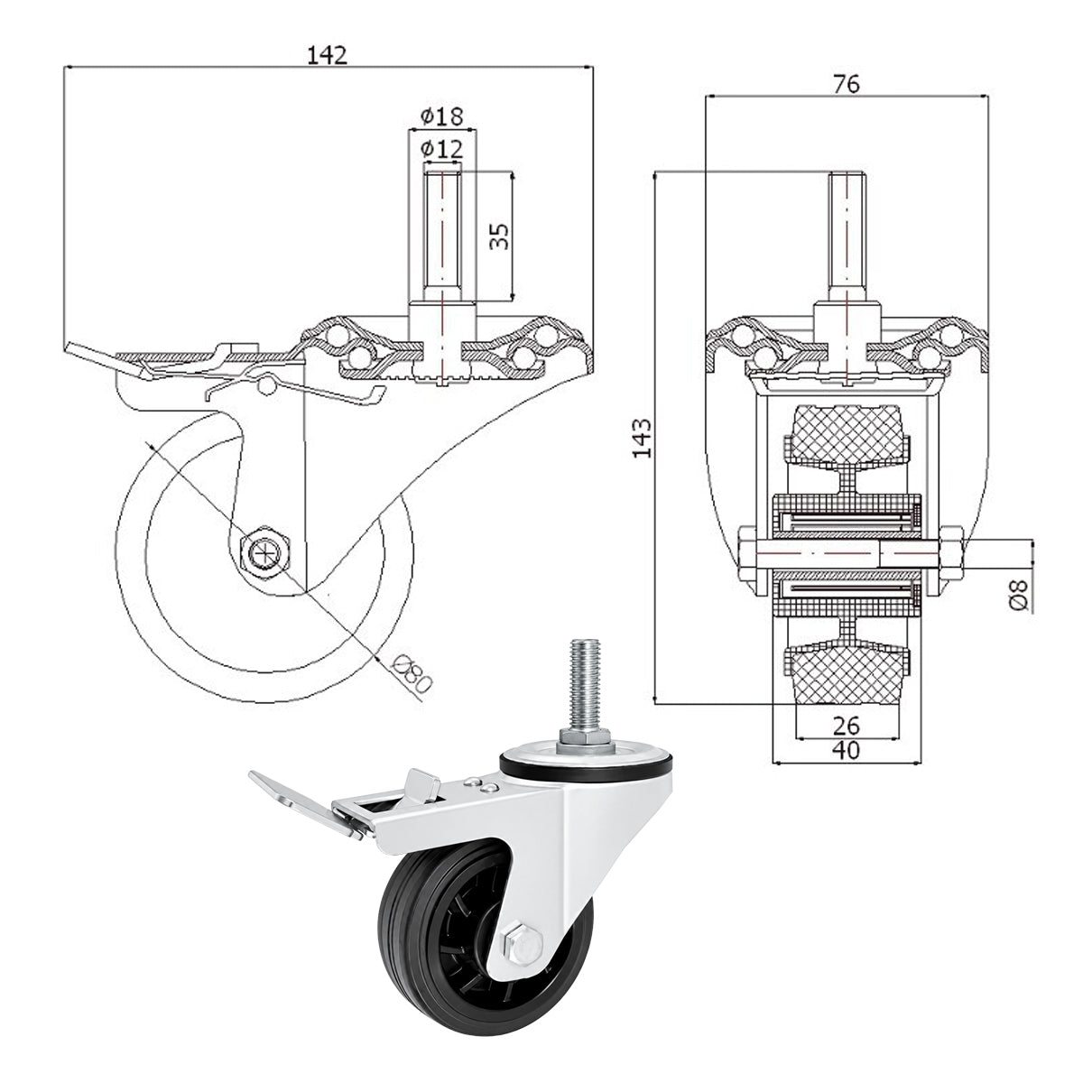 Kunststoff-Gummiräder mit Befestigungsstift und Bremse Lenkrollen  Ø80 mm Code: 7TH*M12