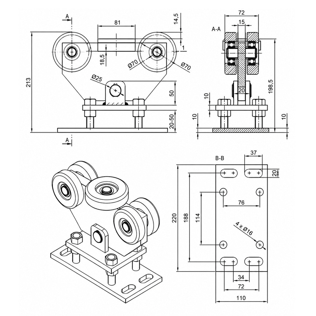 Torwagen für Schiebetore - für Profile 100x90 mm - Wandstärke 4 mm: WR-5T-100/90
