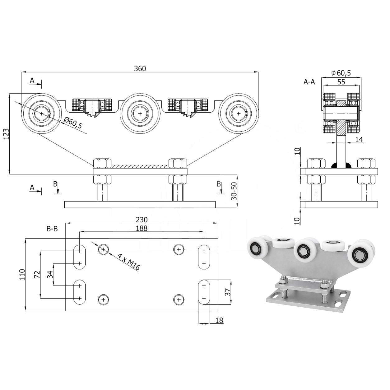 Torwagen für Schiebetore - für Profile 70 x 70 mm - Wandstärke 4 mm: R-8T-70
