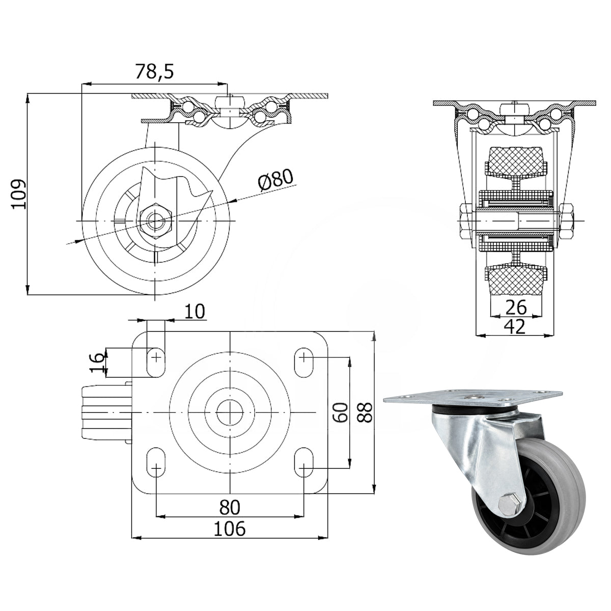 Kunststoff-Gummirrad mit Anschraubplatte Lenkrolle Ø80 mm mit Platte Code: 3LTS