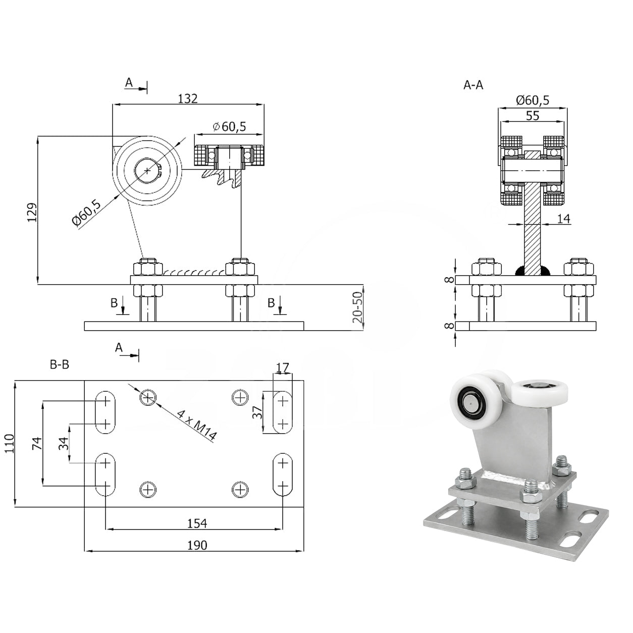 Torwagen für Schiebetore - für Profile 70 x 70 mm - Wandstärke 4 mm: R-3T-70M