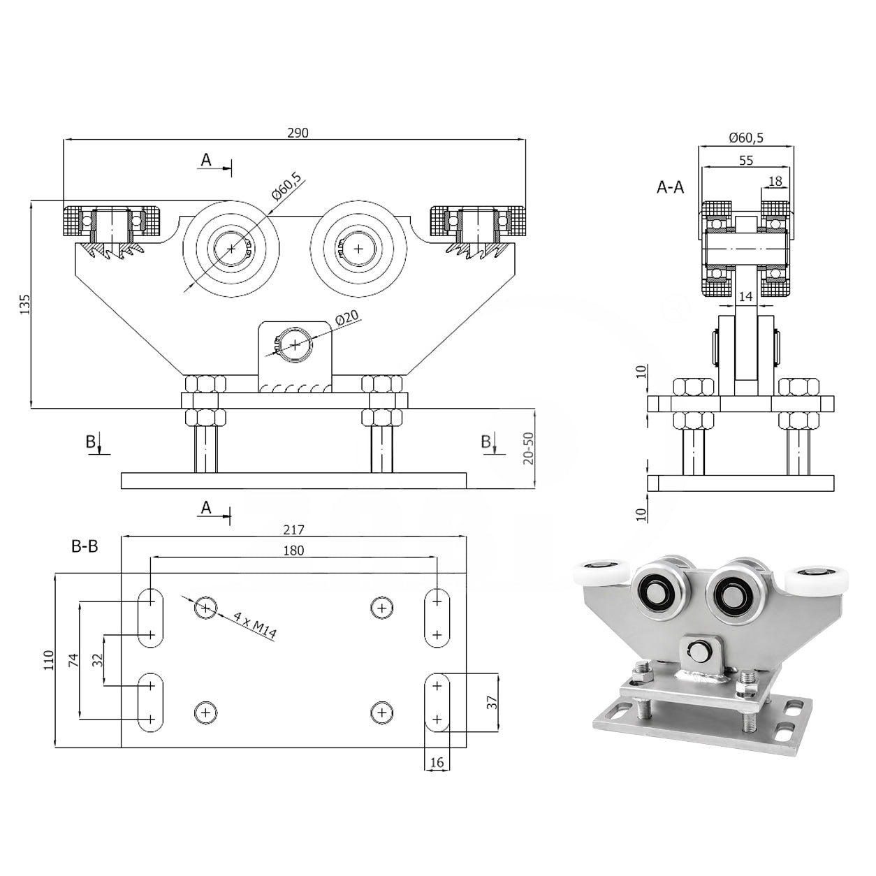 Torwagen für Schiebetore - für Profile 70 x 70 mm - Wandstärke 4 mm: WR-6M-70