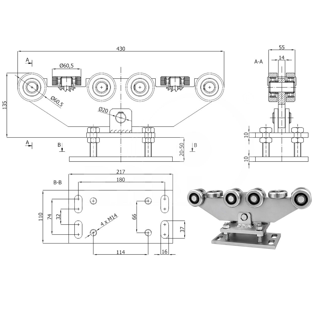 Torwagen für Schiebetore - für Profile 70 x 70 mm - Wandstärke 4 mm: WR-10MM-70