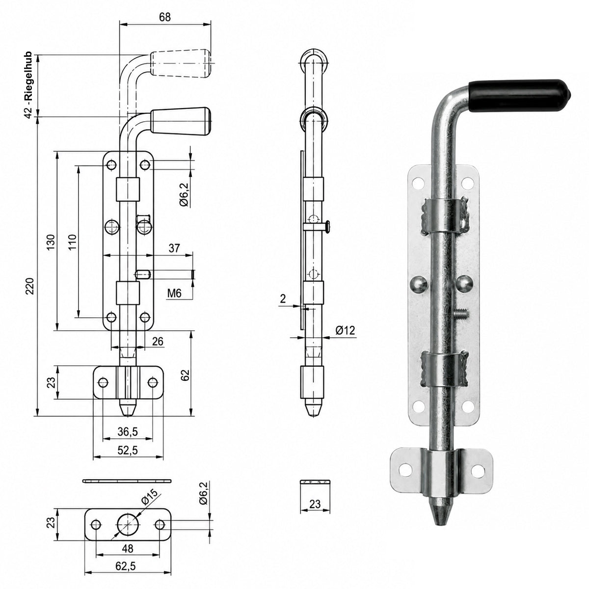 Torriegel 15.462.02 Bolzenriegel schmal - verzinkter Stahl, Silber: L220 x Ø12 mm