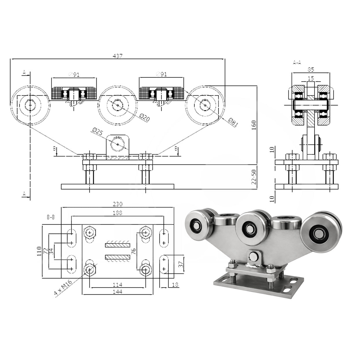 Torwagen für Schiebetore - für Profile 90x100 mm - Wandstärke 4 mm: WR-8MM-90/100