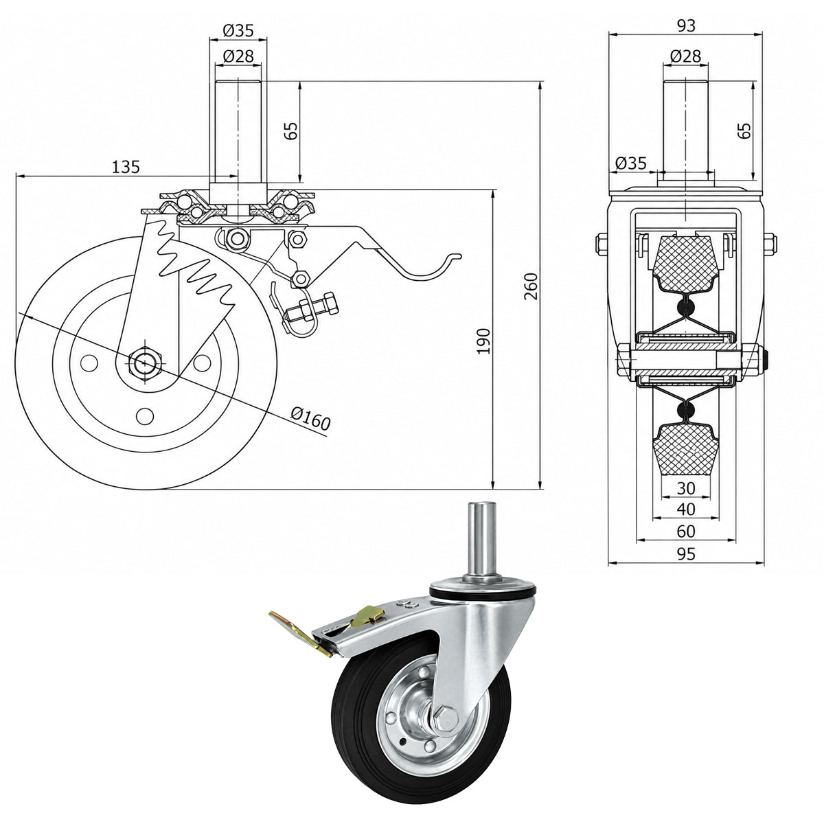 Metall-Gummiräder mit Befestigungsstift und Bremse Lenkrollen  Ø160 mm Code: 46H*28