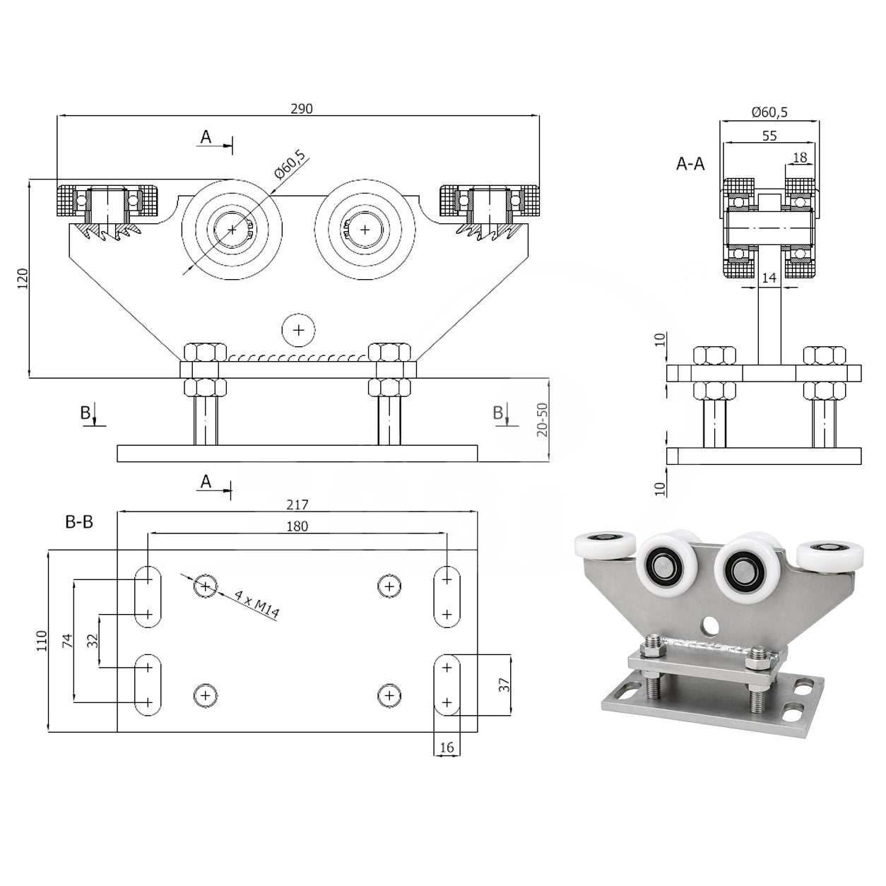 Torwagen für Schiebetore - für Profile 70 x 70 mm - Wandstärke 4 mm: R-6T-70