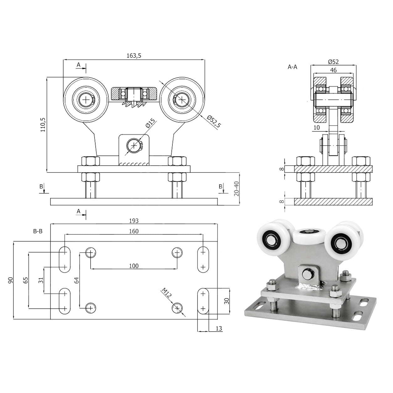 Torwagen für Schiebetore - für Profile 60 x 60 mm - Wandstärke 3 mm: WR-5T-60
