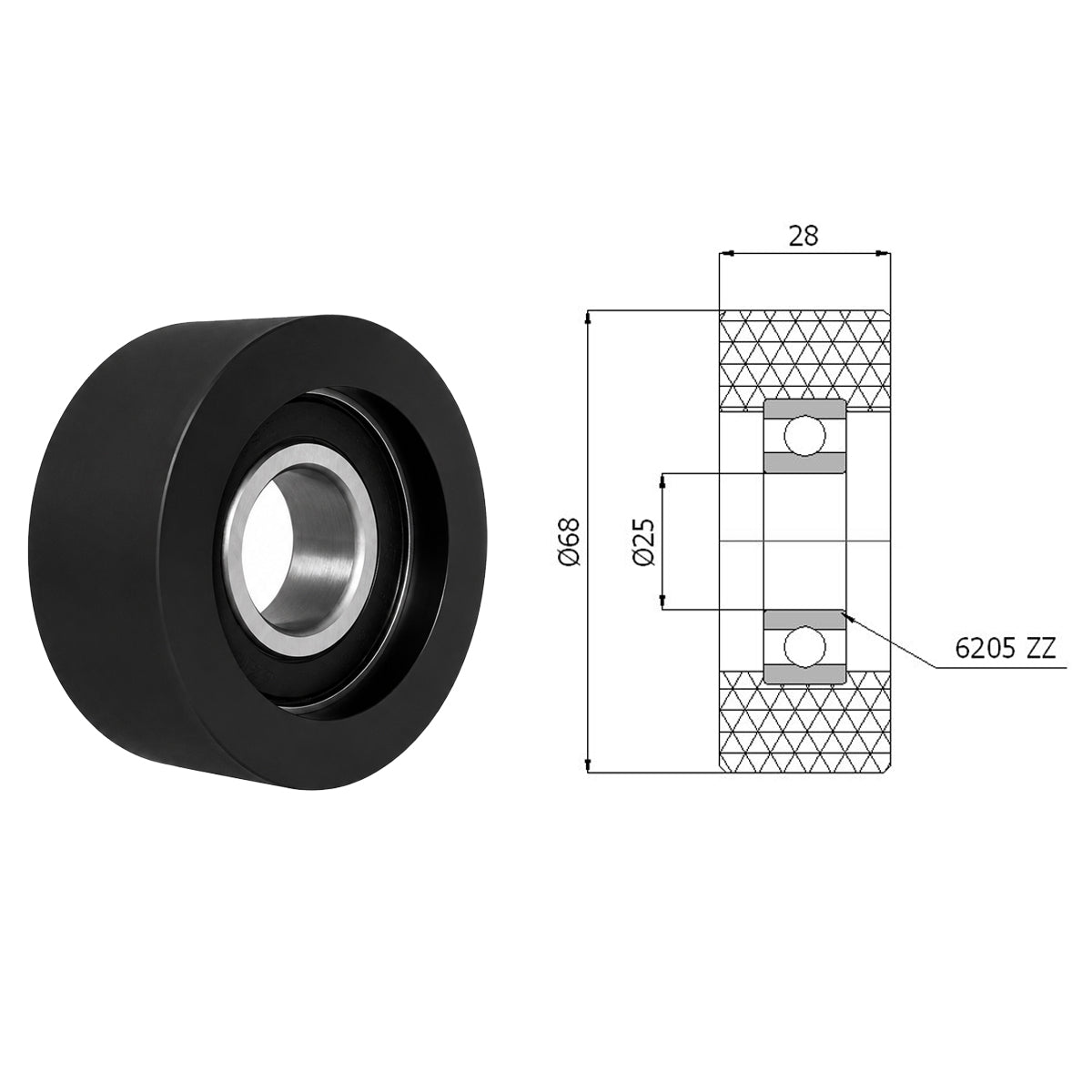 Polyamid Rolle Ø 68mm mit Kugellager Kunststoffrolle Industrierollen RP-68-28/25