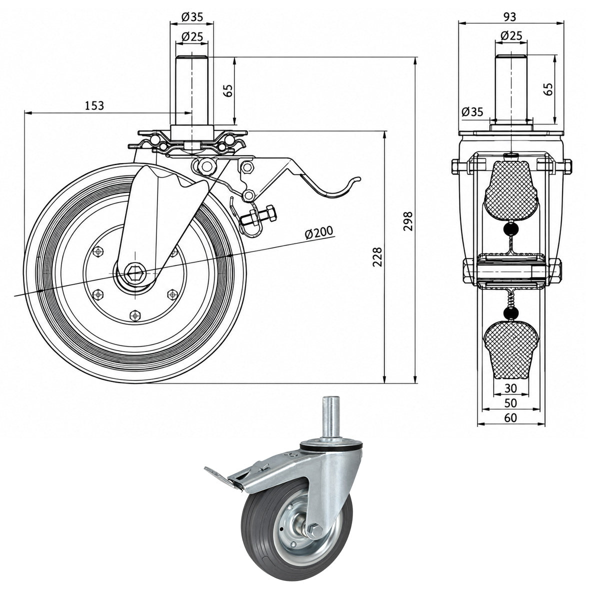 Metall-Gummiräder mit Befestigungsstift und Bremse Lenkrollen  Ø200 mm Code: 66SH*25
