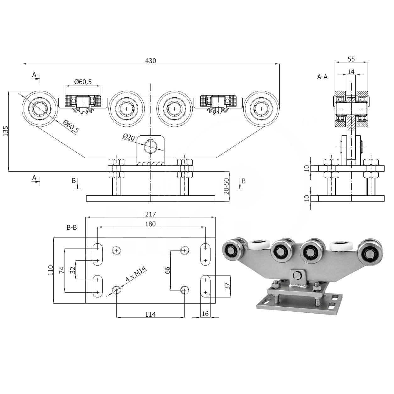 Torwagen für Schiebetore - für Profile 70 x 70 mm - Wandstärke 4 mm: WR-10M-70