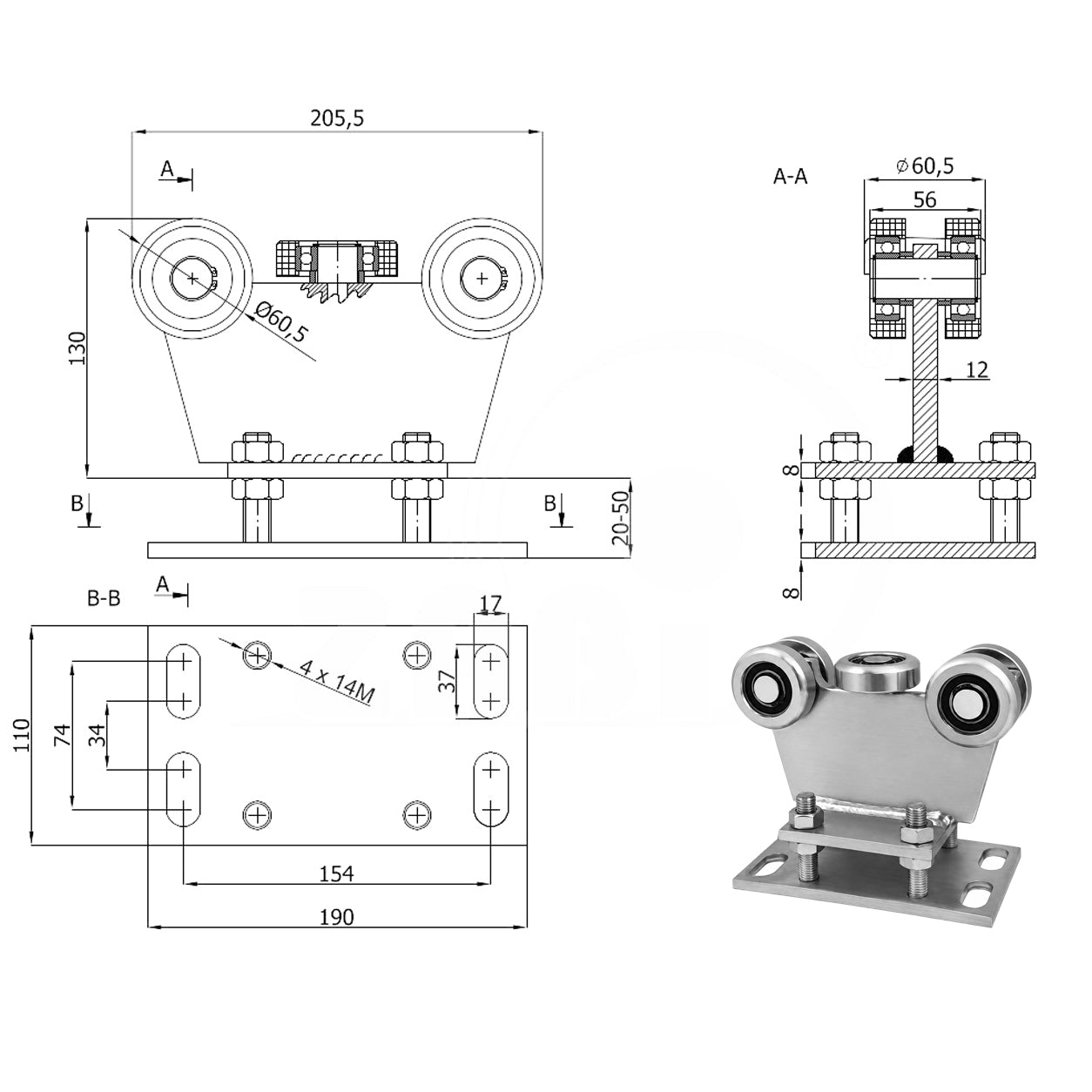 Torwagen für Schiebetore - für Profile 70 x 70 mm - Wandstärke 4 mm: R-5MM-70M