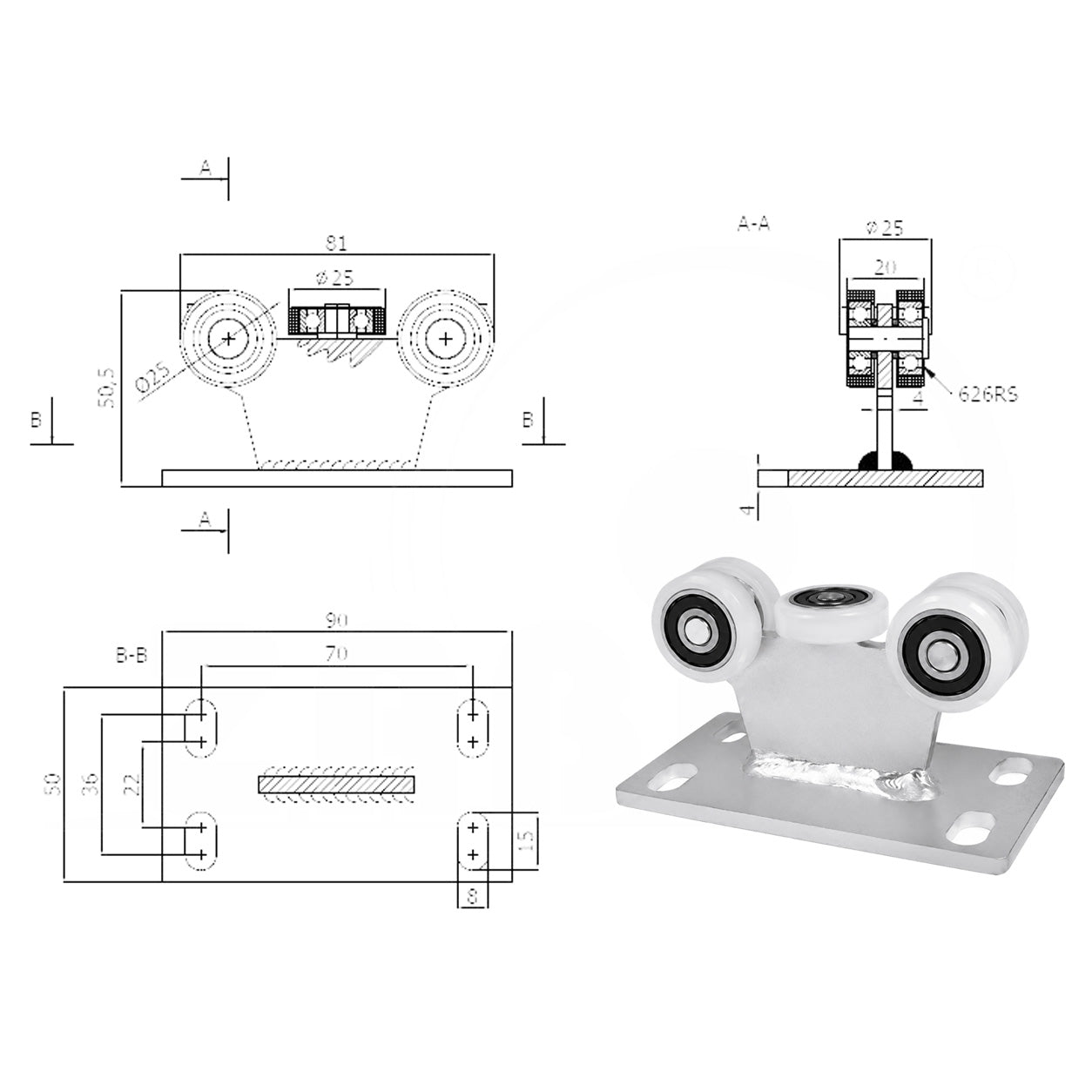 Torwagen für Schiebetore - für Profile 30x30 mm - Wandstärke 2 mm: 5T-30