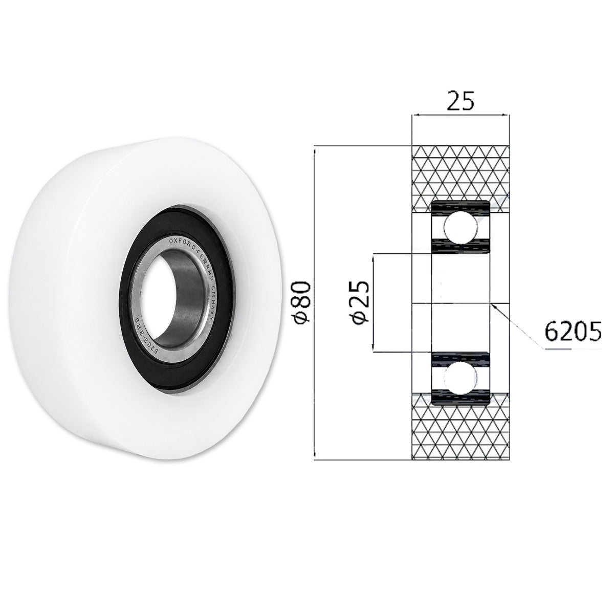 Polyamid Rolle Ø 80 mm mit Kugellager Kunststoffrolle Industrierollen R-80-25/25