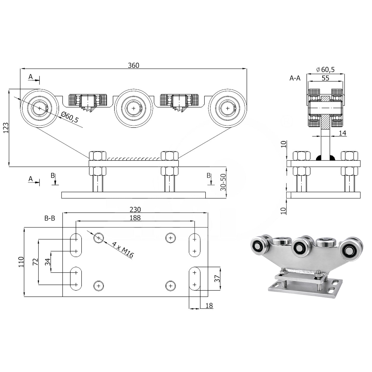 Torwagen für Schiebetore - für Profile 70 x 70 mm - Wandstärke 4 mm: R-8MM-70