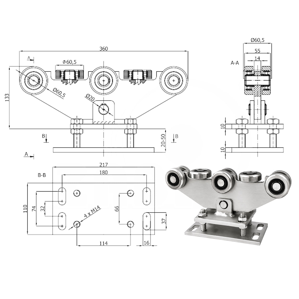 Torwagen für Schiebetore - für Profile 70 x 70 mm - Wandstärke 4 mm: WR-8MM-70