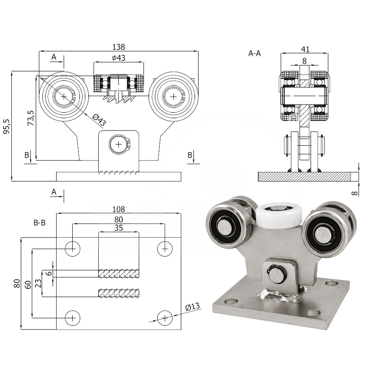Torwagen für Schiebetore - für Profile 50x50 mm - Wandstärke 2,5 mm: W-5M-50