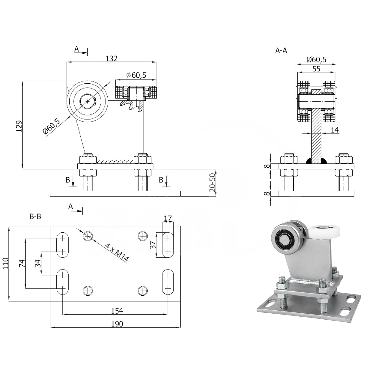 Torwagen für Schiebetore - für Profile 70 x 70 mm - Wandstärke 4 mm: R-3M-70M