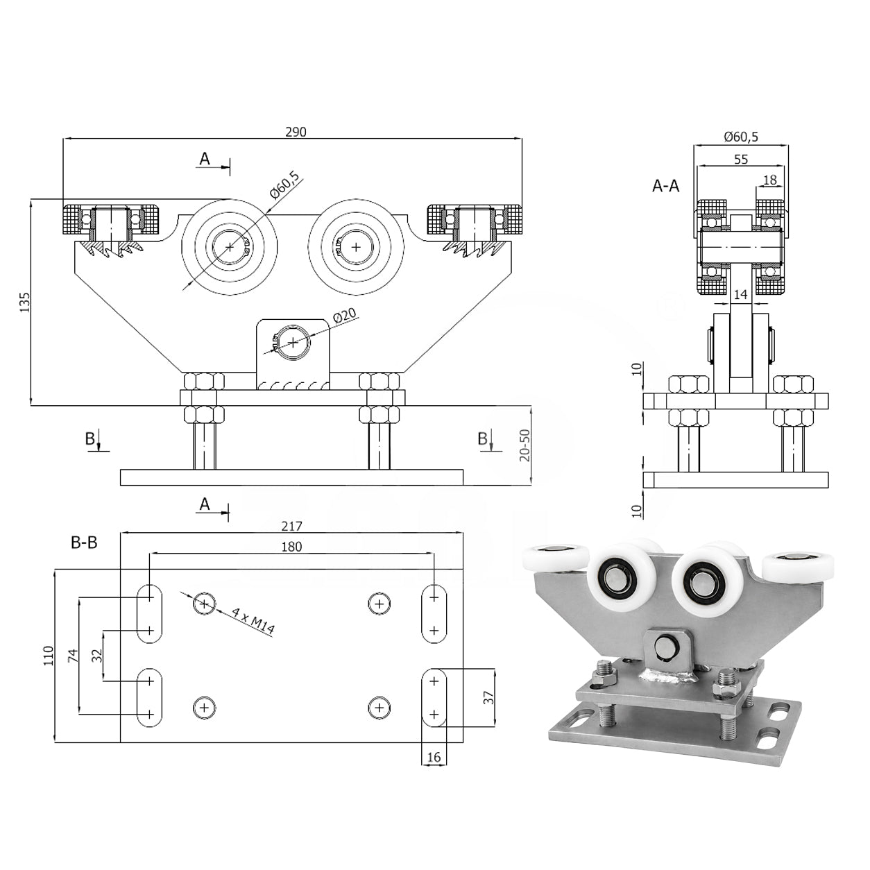 Torwagen für Schiebetore - für Profile 70 x 70 mm - Wandstärke 4 mm: WR-6T-70