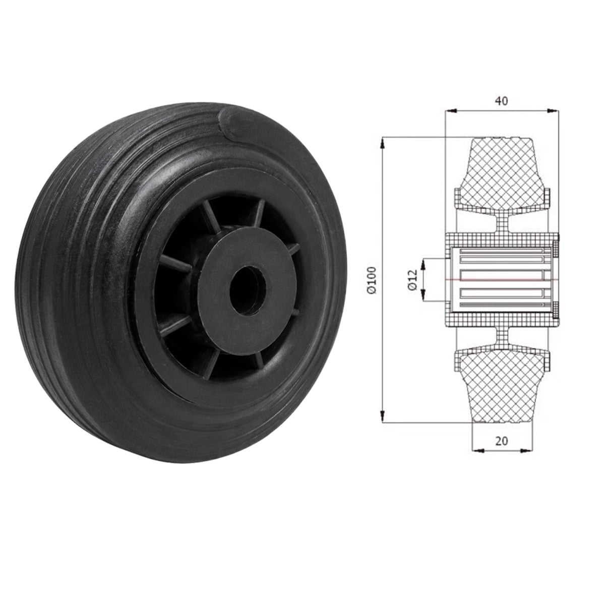 Vollgummi Rad Ø 100 mm mit Polypropylen-Felge Industrie Gummirad Code: 10T