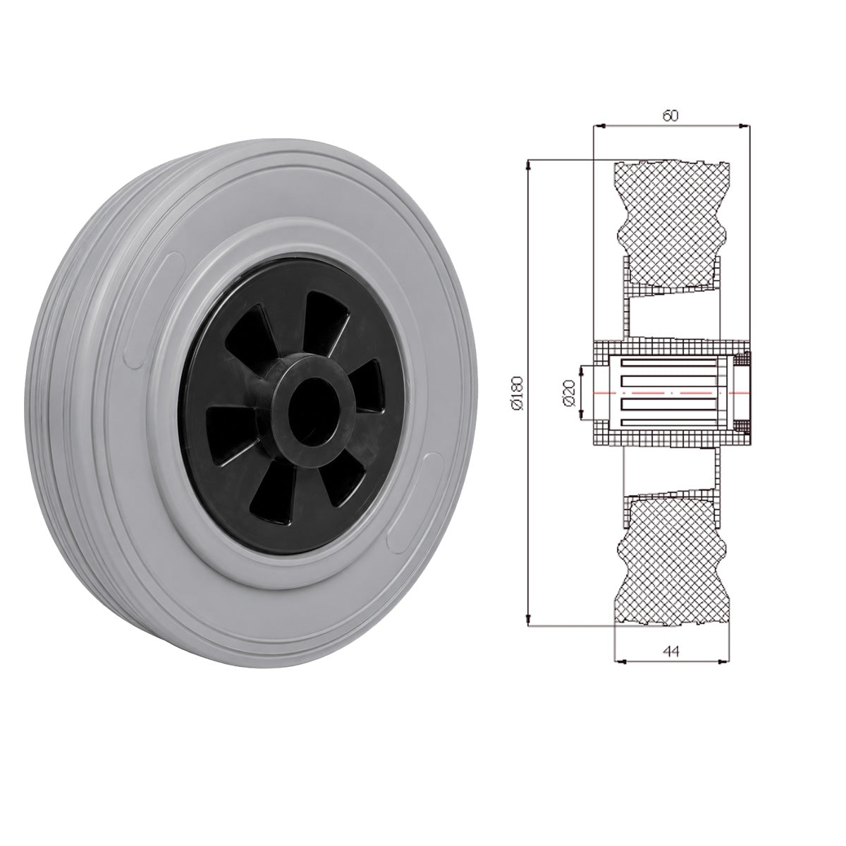 Vollgummi Rad Ø 180 mm mit Polypropylen-Felge Industrie Gummirad Code: 59TS