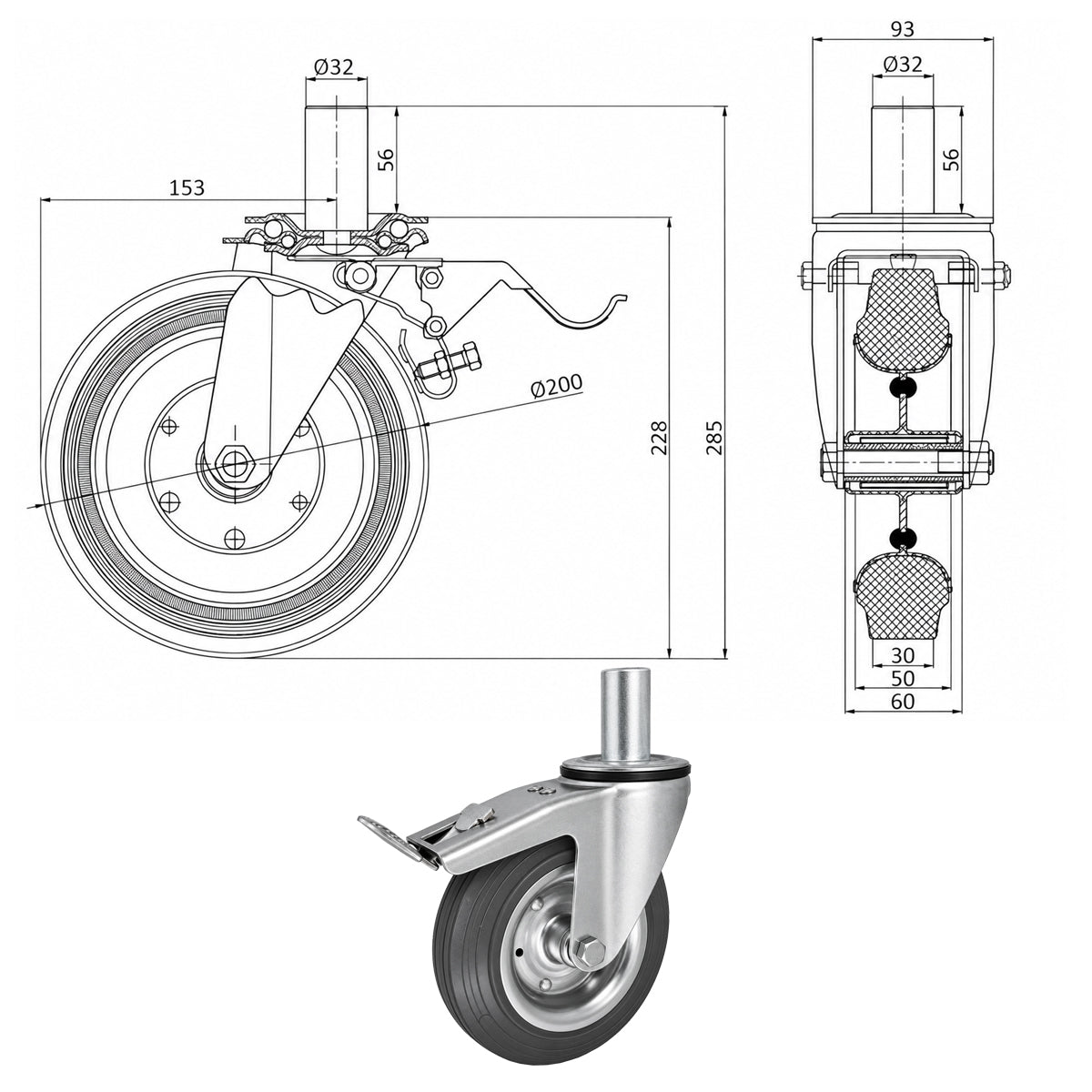 Metall-Gummiräder mit Befestigungsstift und Bremse Lenkrollen  Ø200 mm Code: 66SH*32