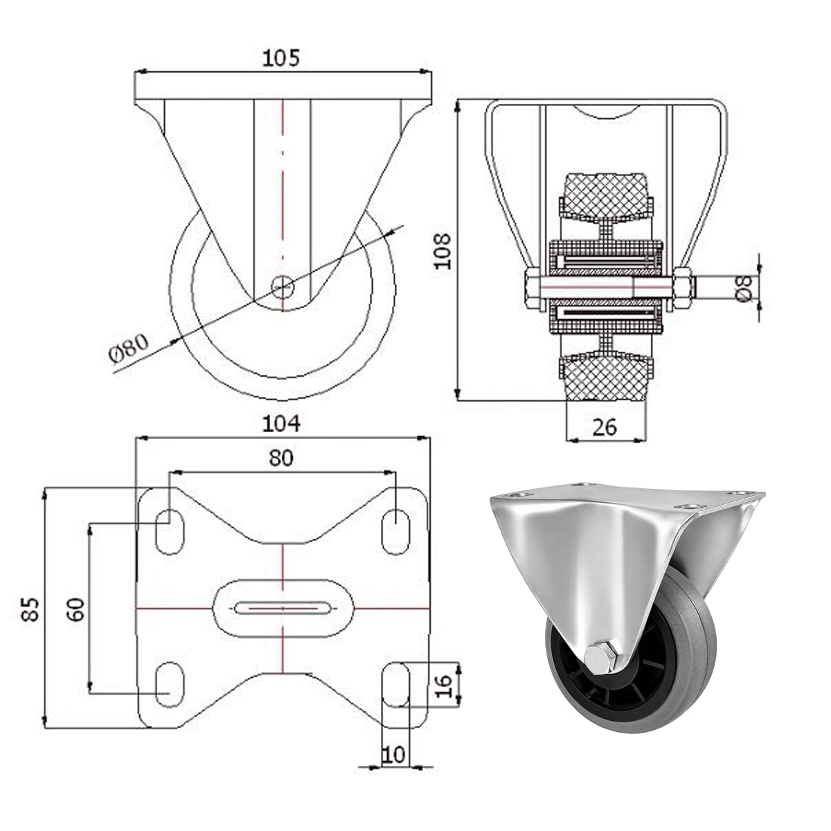 Kunststoff-Gummiräder in Bockrollengehäusen Lenkrolle Ø80 mm mit Platte Code: 4TS9
