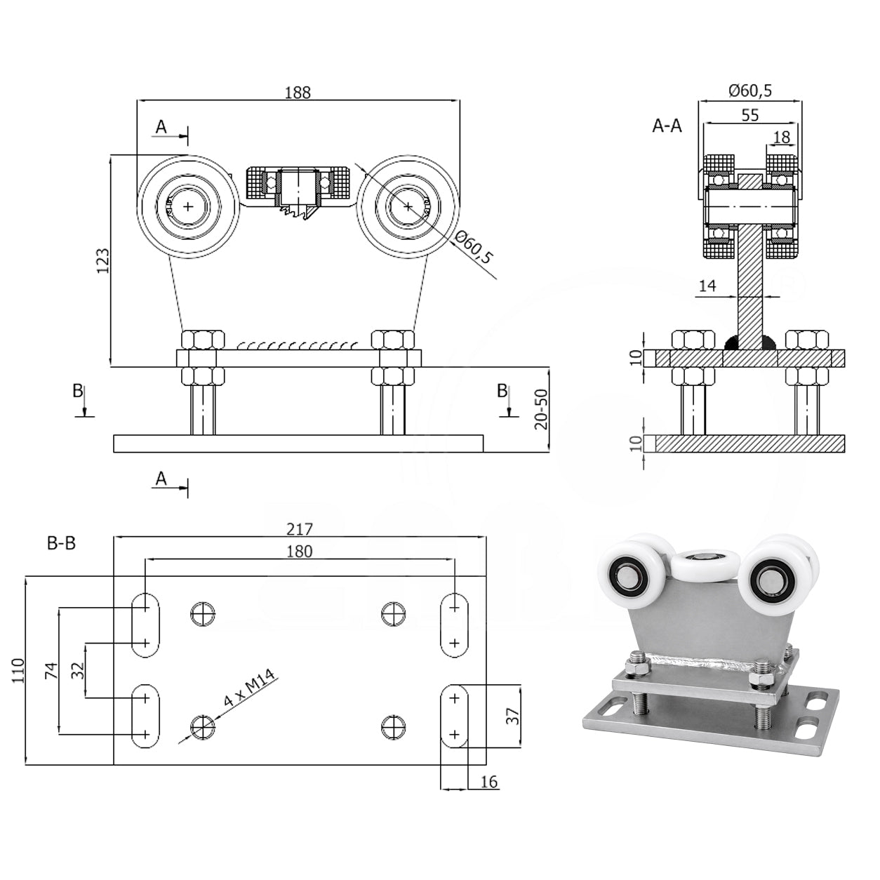 Torwagen für Schiebetore - für Profile 70 x 70 mm - Wandstärke 4 mm: R-5T-70