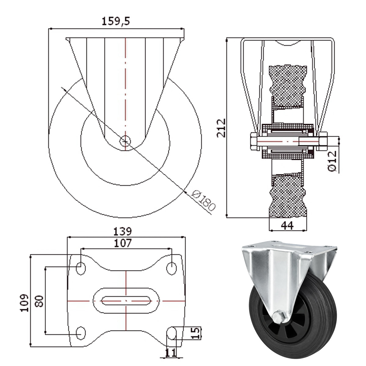 Kunststoff-Gummiräder in Bockrollengehäusen Lenkrolle Ø180 mm mit Platte Code: 53T