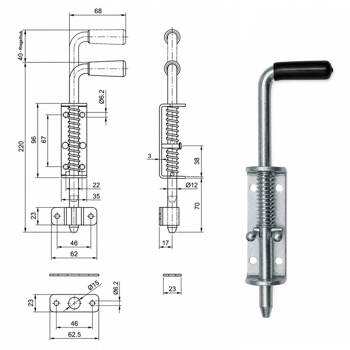Torriegel 15.462.04 Bolzenriegel schmal - verzinkter Stahl, Silber, Feder: L220 x Ø12 mm