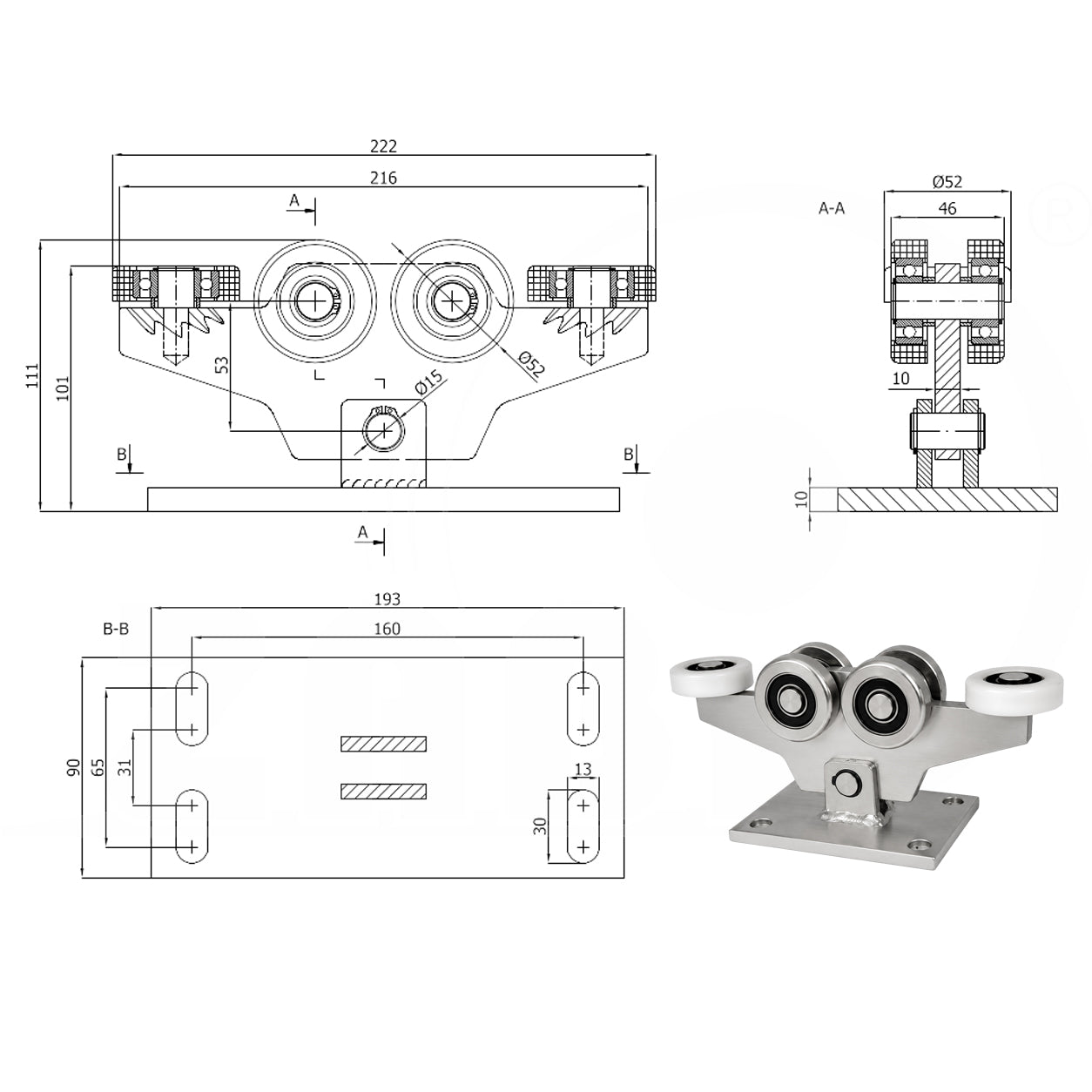 Torwagen für Schiebetore - für Profile 60 x 60 mm - Wandstärke 3 mm: W-6M-60