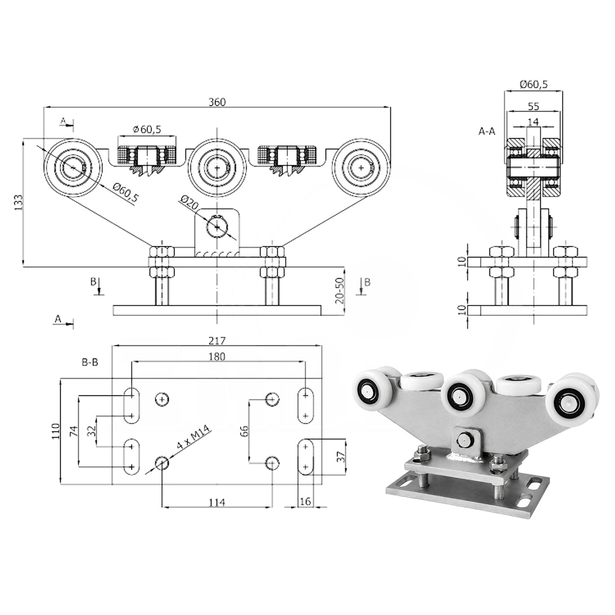 Torwagen für Schiebetore - für Profile 70 x 70 mm - Wandstärke 4 mm: WR-8T-70