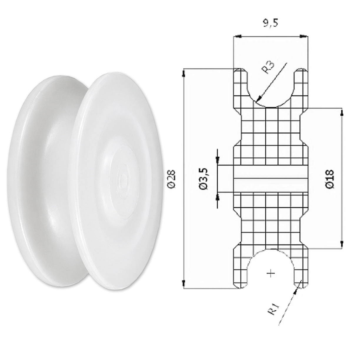 Seilrolle mit Gleitlager Ø 28 mm Polyamid Kunststoffrolle für Seil Ø 6 mm C28/6