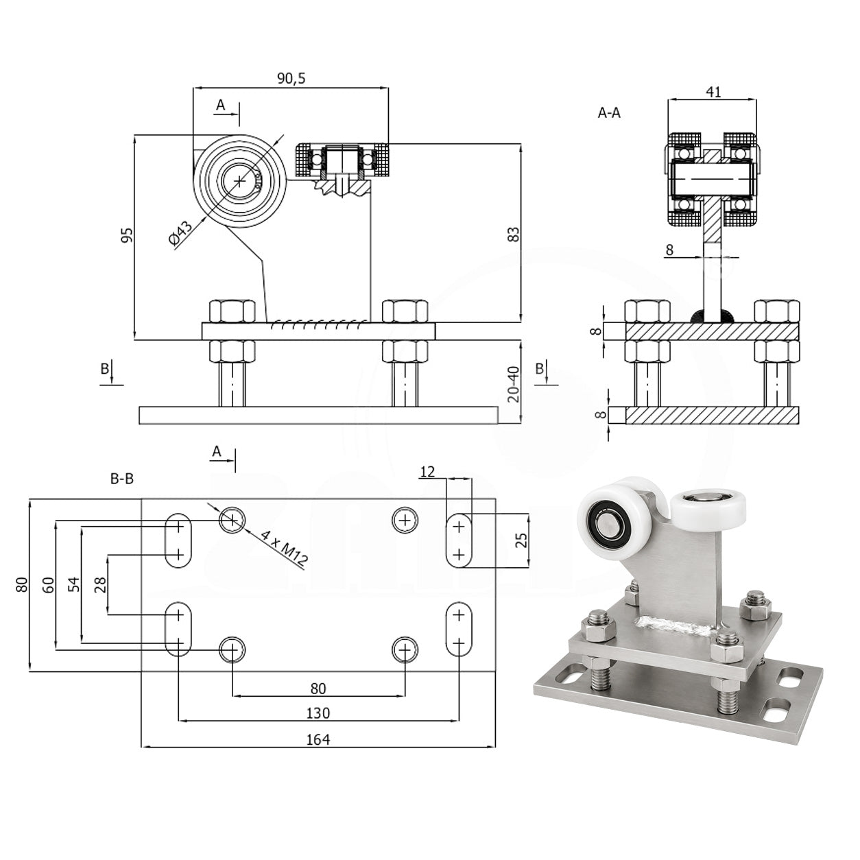 Torwagen für Schiebetore - für Profile 50x50 mm - Wandstärke 2,5 mm: R-3T-50