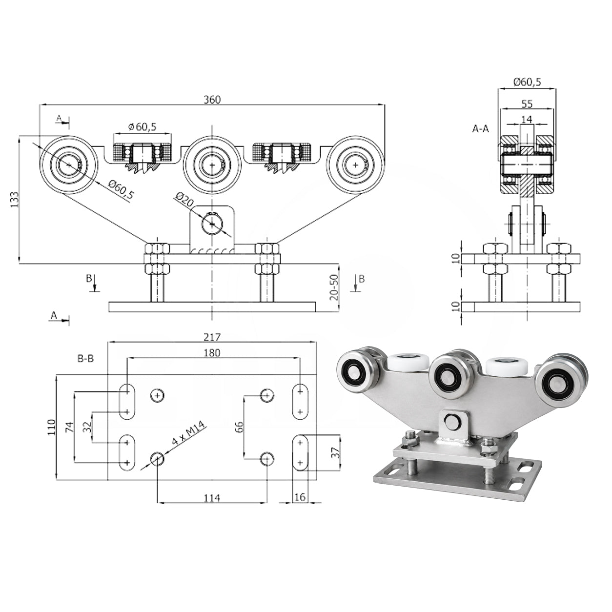 Torwagen für Schiebetore - für Profile 70 x 70 mm - Wandstärke 4 mm: WR-8M-70
