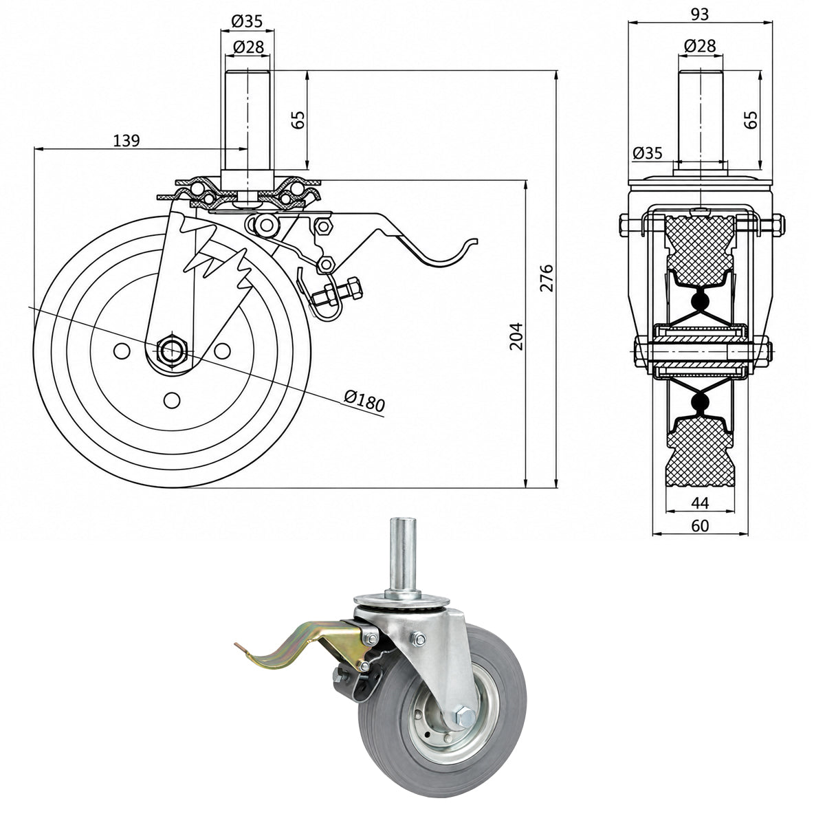 Metall-Gummiräder mit Befestigungsstift und Bremse Lenkrollen  Ø180 mm Code: 56SH*28