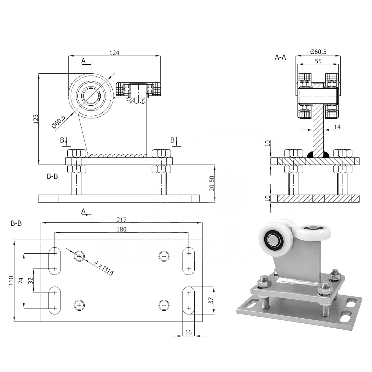 Torwagen für Schiebetore - für Profile 70 x 70 mm - Wandstärke 4 mm: R-3T-70