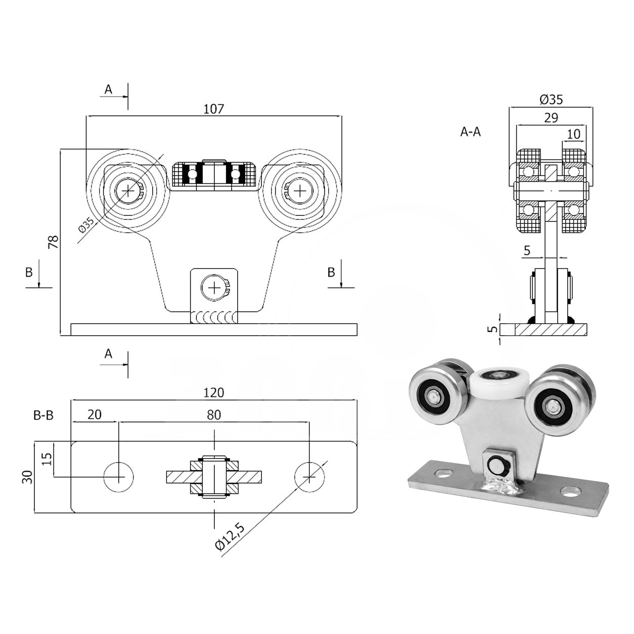 Torwagen für Schiebetore - für Profile 40x40 mm - Wandstärke 2 mm: W-5M-40
