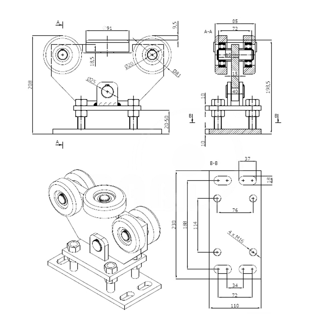 Torwagen für Schiebetore - für Profile 90x100 mm - Wandstärke 4 mm: WR-5M-90/100