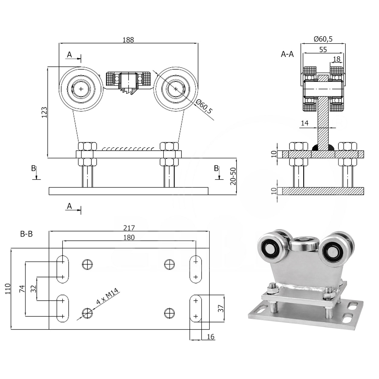 Torwagen für Schiebetore - für Profile 70 x 70 mm - Wandstärke 4 mm: R-5MM-70
