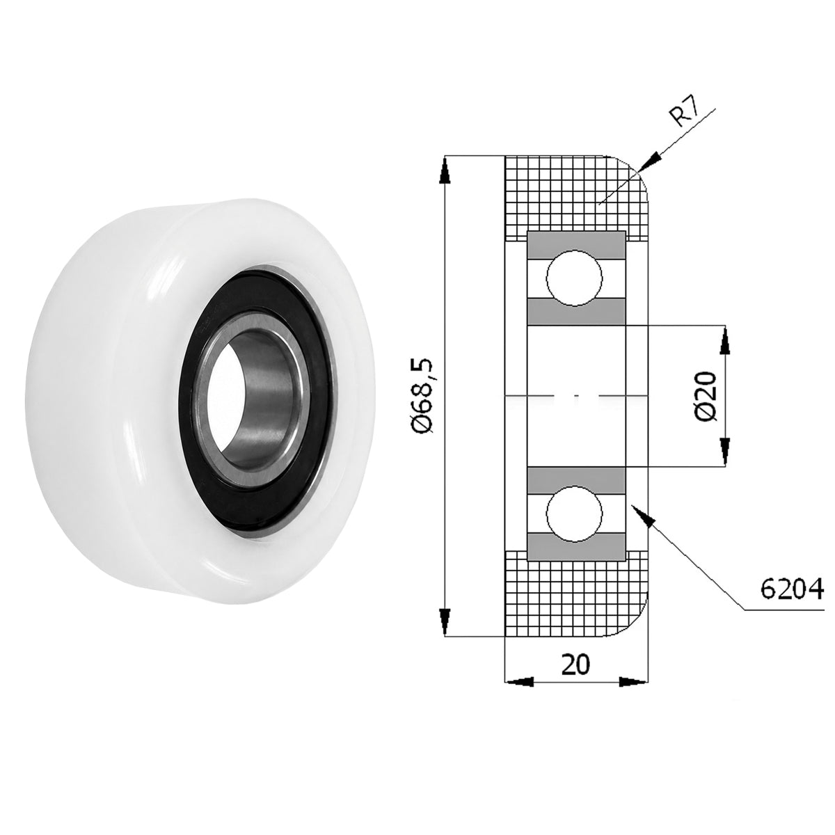 Polyamid Rolle Ø 68,5mm mit Kugellager Kunststoffrolle Industrierollen R-68,5