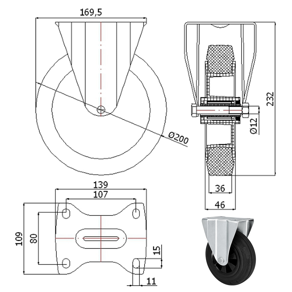 Kunststoff-Gummiräder in Bockrollengehäusen Lenkrolle Ø200 mm mit Platte Code: 63T