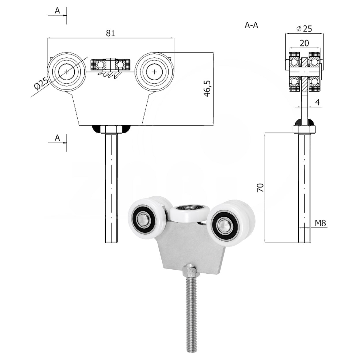 Torwagen für Schiebetore - für Profile 30x30 mm - Wandstärke 2 mm: G-5T-30/M80