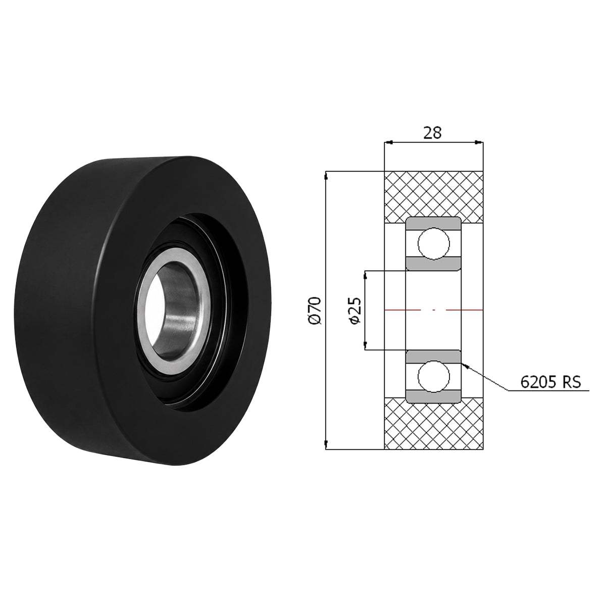 Polyamid Rolle Ø 70mm mit Kugellager Kunststoffrolle Industrierollen RP-70-28/25