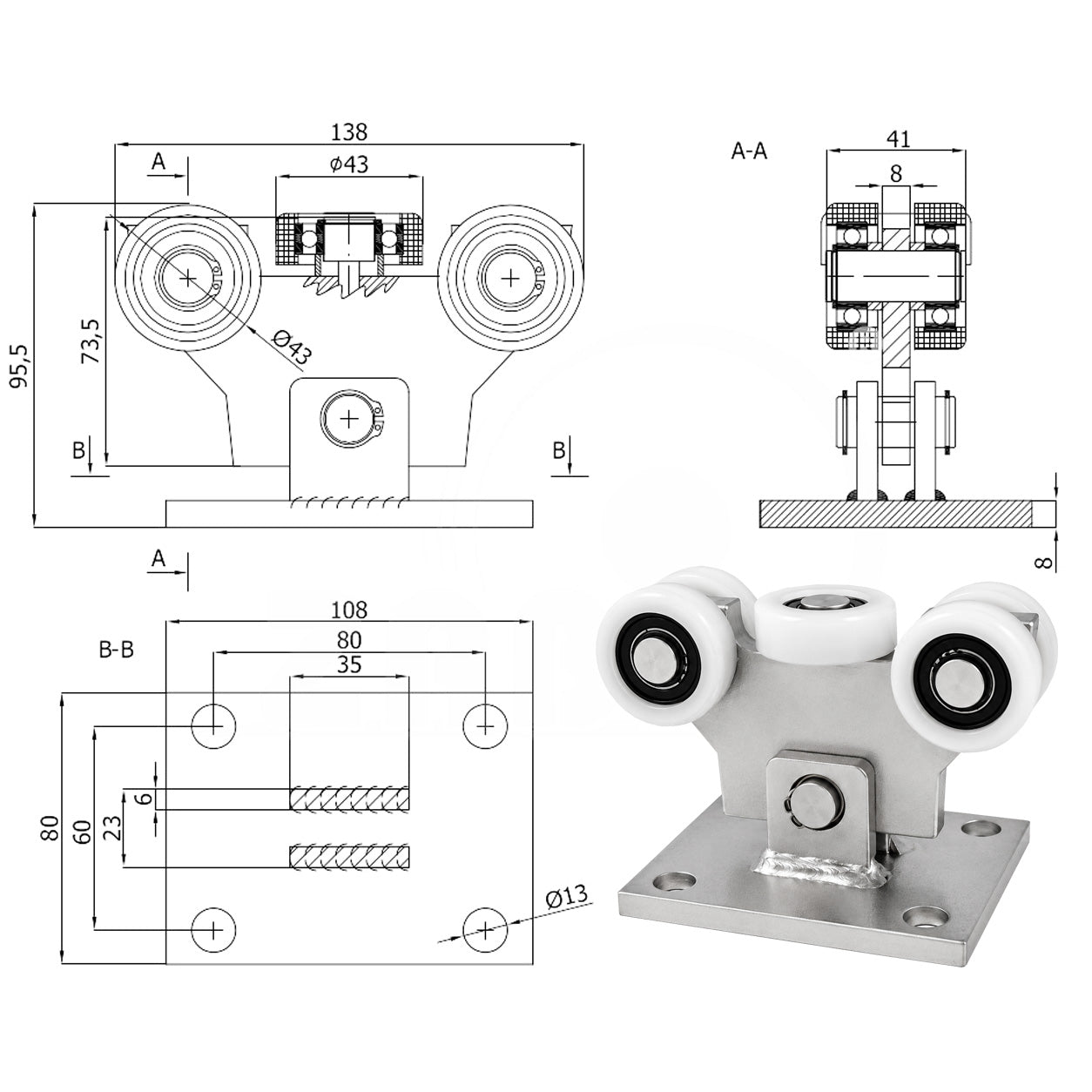 Torwagen für Schiebetore - für Profile 50x50 mm - Wandstärke 2,5 mm: W-5T-50