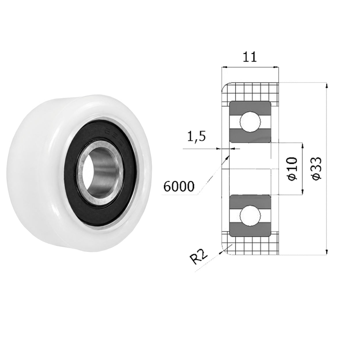 Polyamid Rolle Ø 33 mm mit Kugellager Kunststoffrolle Industrierollen R-33