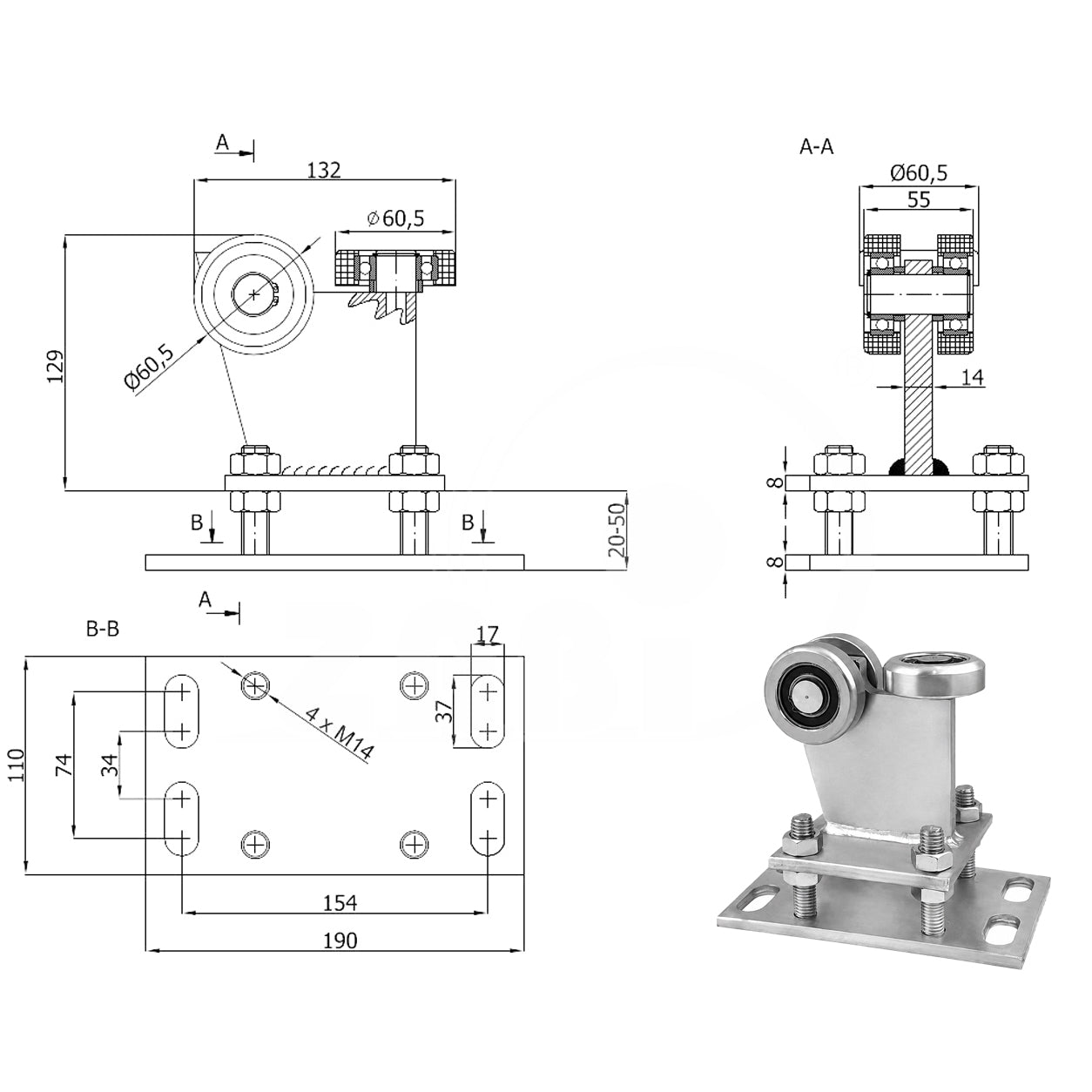 Torwagen für Schiebetore - für Profile 70 x 70 mm - Wandstärke 4 mm: R-3MM-70M