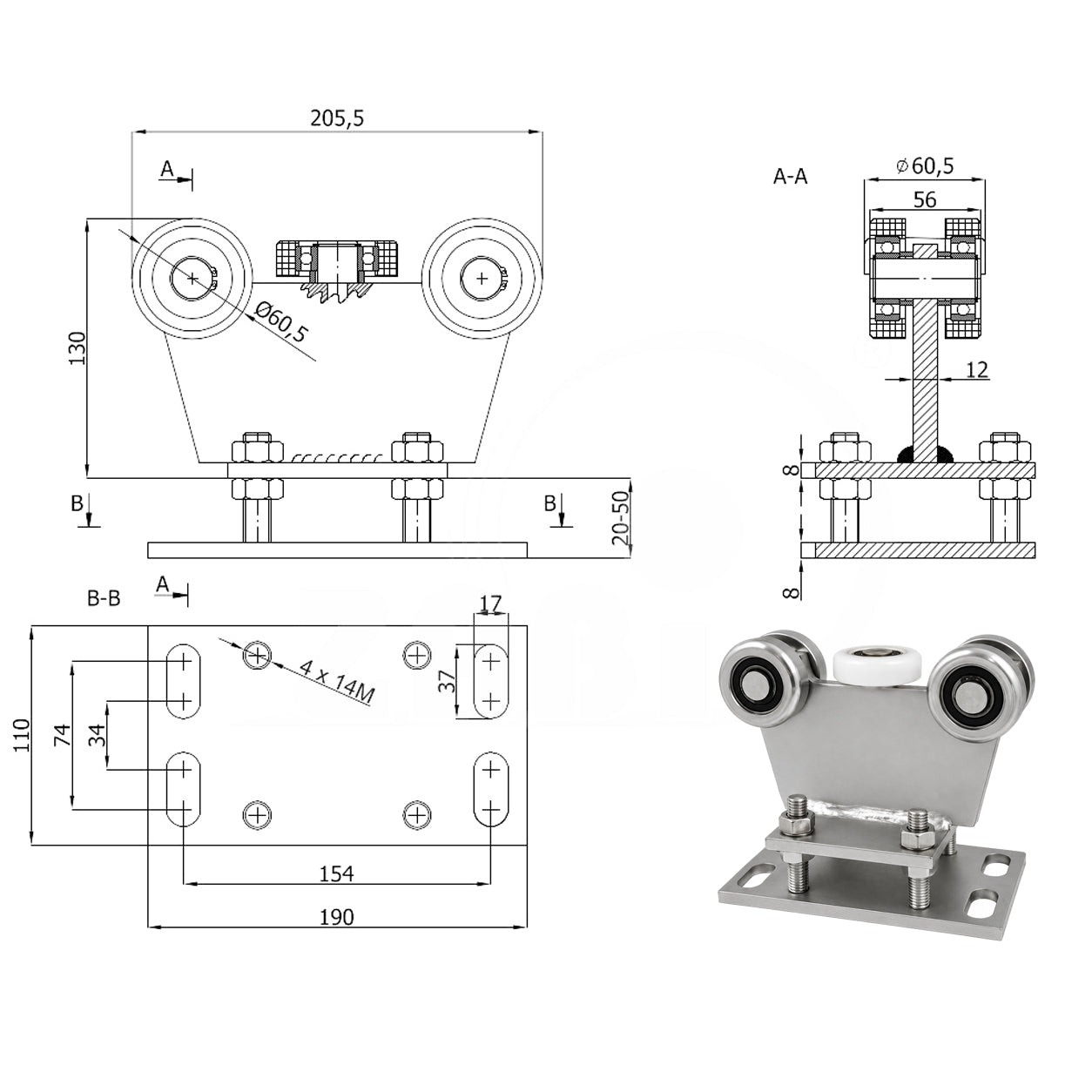 Torwagen für Schiebetore - für Profile 70 x 70 mm - Wandstärke 4 mm: R-5M-70M