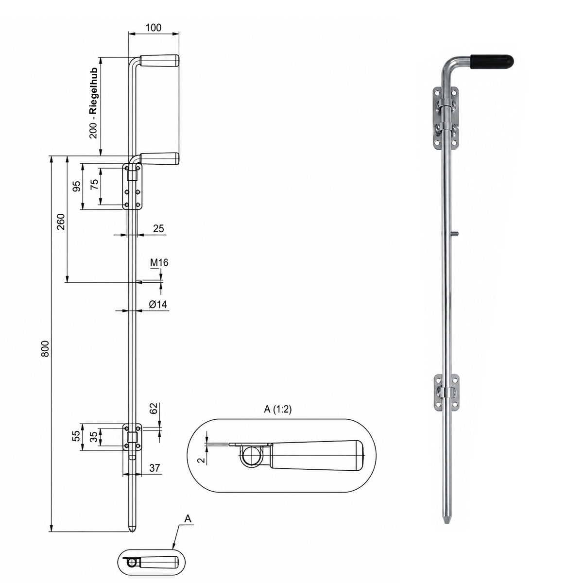 Torriegel 15.468.03 Bolzenriegel schmal - verzinkter Stahl, Silber: L800 x Ø14 mm