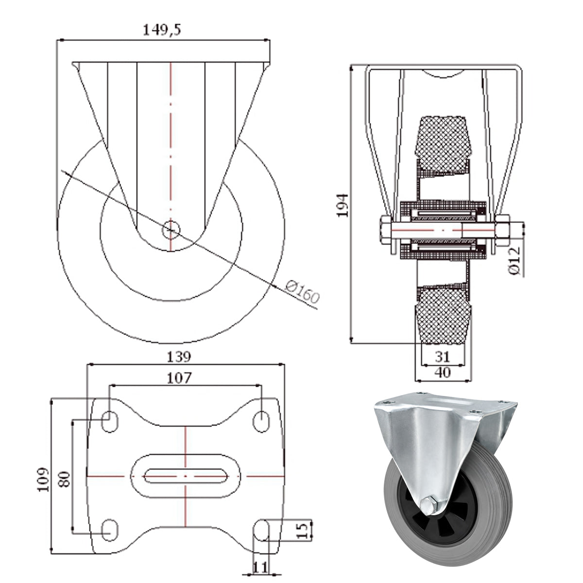 Kunststoff-Gummiräder in Bockrollengehäusen Lenkrolle Ø160 mm mit Platte Code: 43TS9